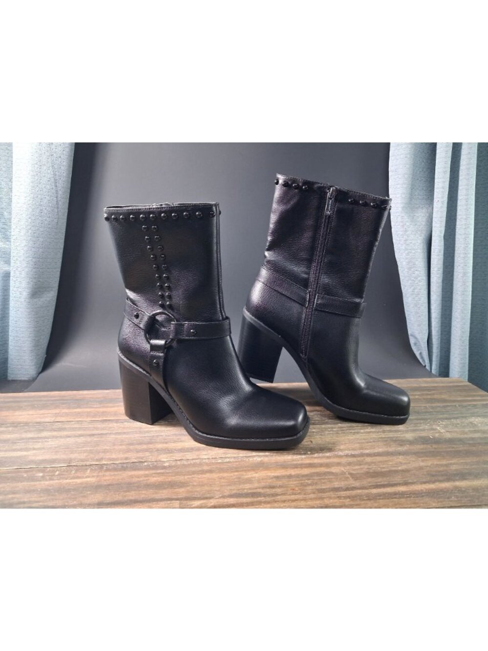 Jessica Simpson Boots Black Mid-Calf Bernique Harness Strap Studs Sz 9M